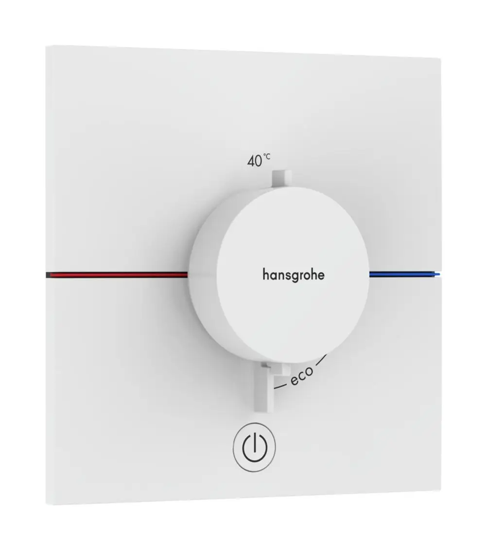 Thermostat von Hansgrohe in Mattweiß mit drehbarem Regler zur Temperatureinstellung und einem Schalter. Design für die Unterputzmontage.